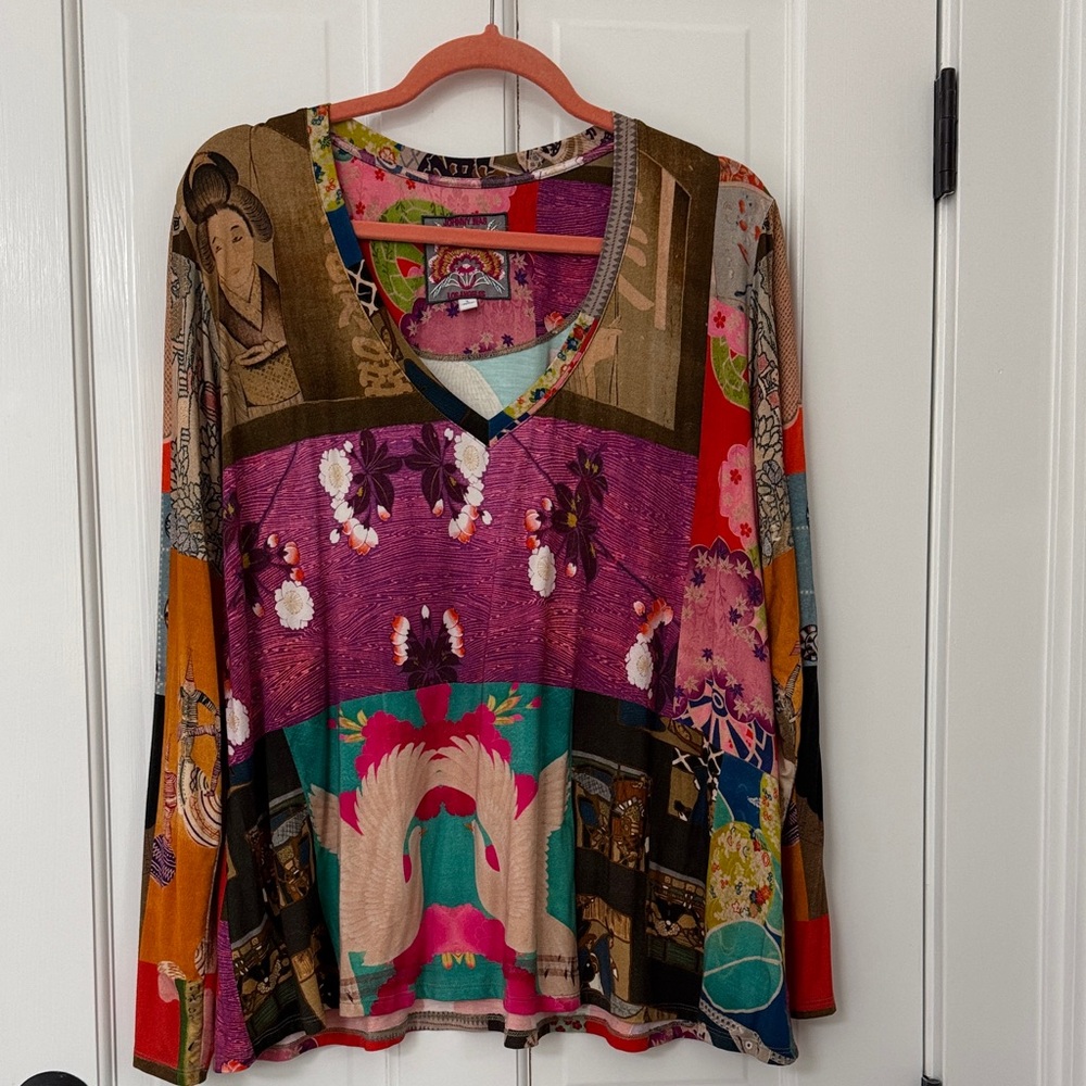 Johnny Was Multicolor Patchwork V-Neck Long Sleeve Top
